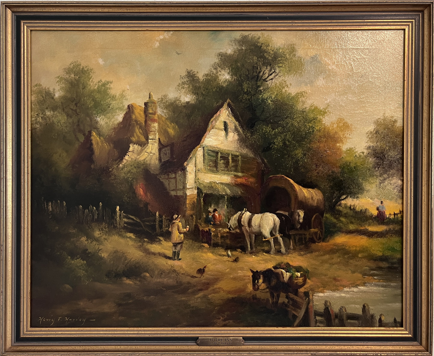 “At The Inn” by Henry T. Harvey – Vintage Oil Painting on Canvas, Framed