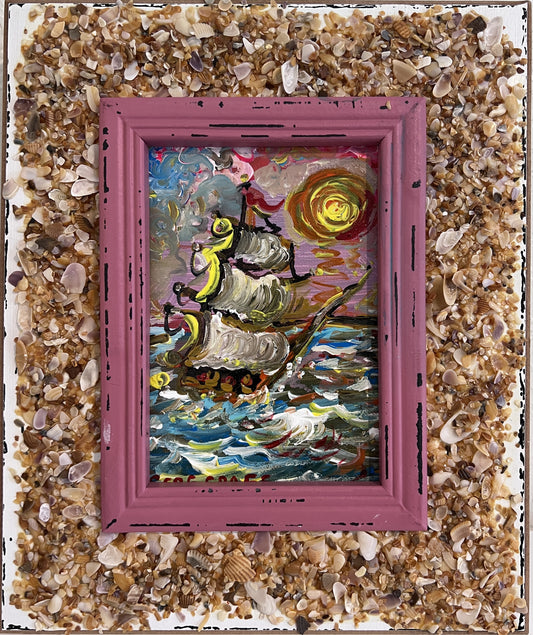 Serg Graff Original "Yelmar" Acrylic Ship Painting | Seashell Frame Coastal Art
