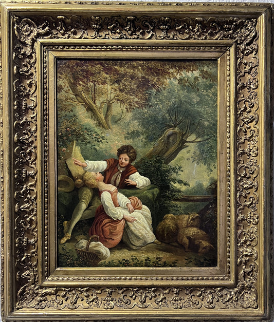 18/19-th Century French Antique Original Oil Painting on canvas, Rococo/Romantism, Framed