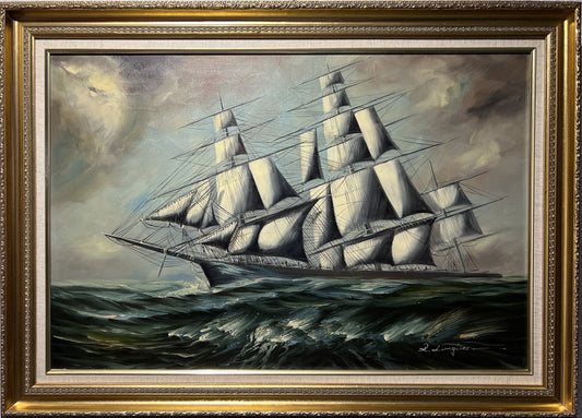 Renato Longanesi Listed Italian Artist Large Oil Painting Canvas Clipper Ship