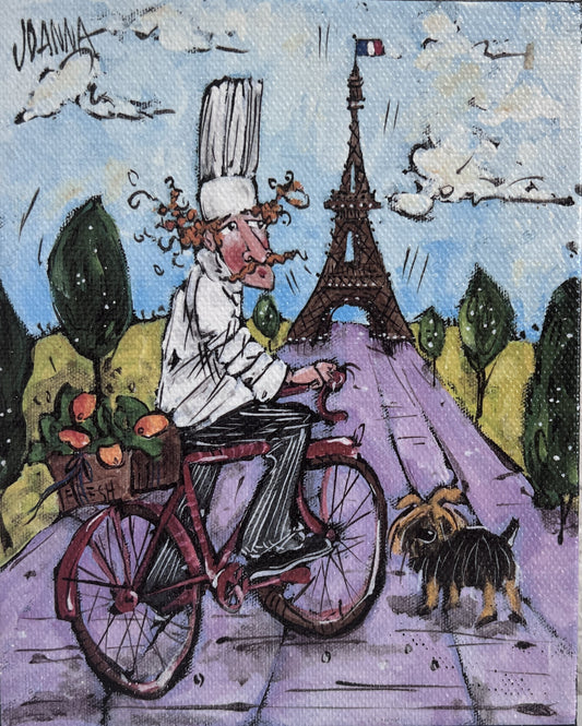 A chef on a bicycle Print on Canvas 8x10" – Colorful Kitchen Art by Joanna