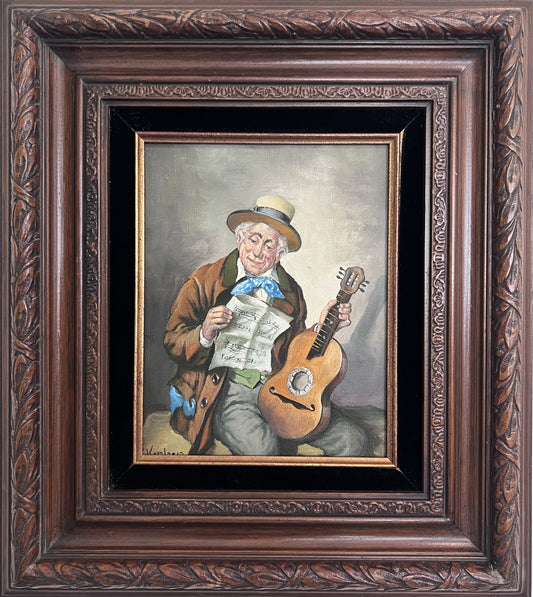 Hans Kerber (Austria b. 1920) Original Oil Painting, Man with Guitar, Framed