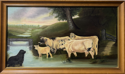 Antique oil painting on canvas, Landscape, Cows, Signed, Framed