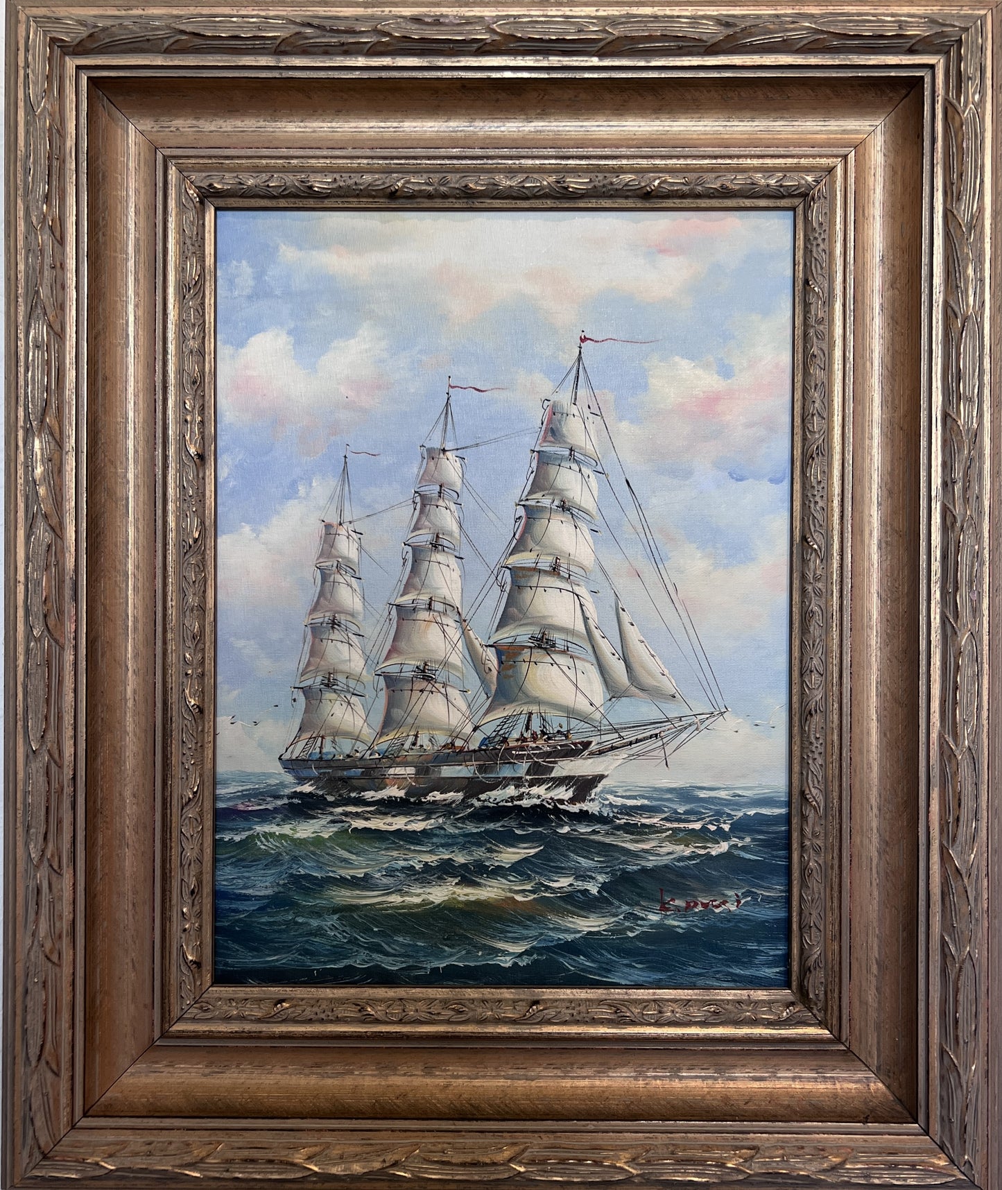 Framed Nautical Seascape Oil Painting by K. Dossi Maritime Ship Artwork