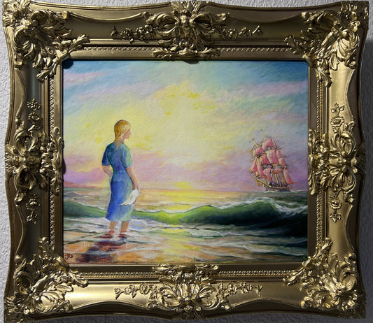 Artist Dobritsin Oil painting on canvas, seascape, "At Dawn" Gold Frame