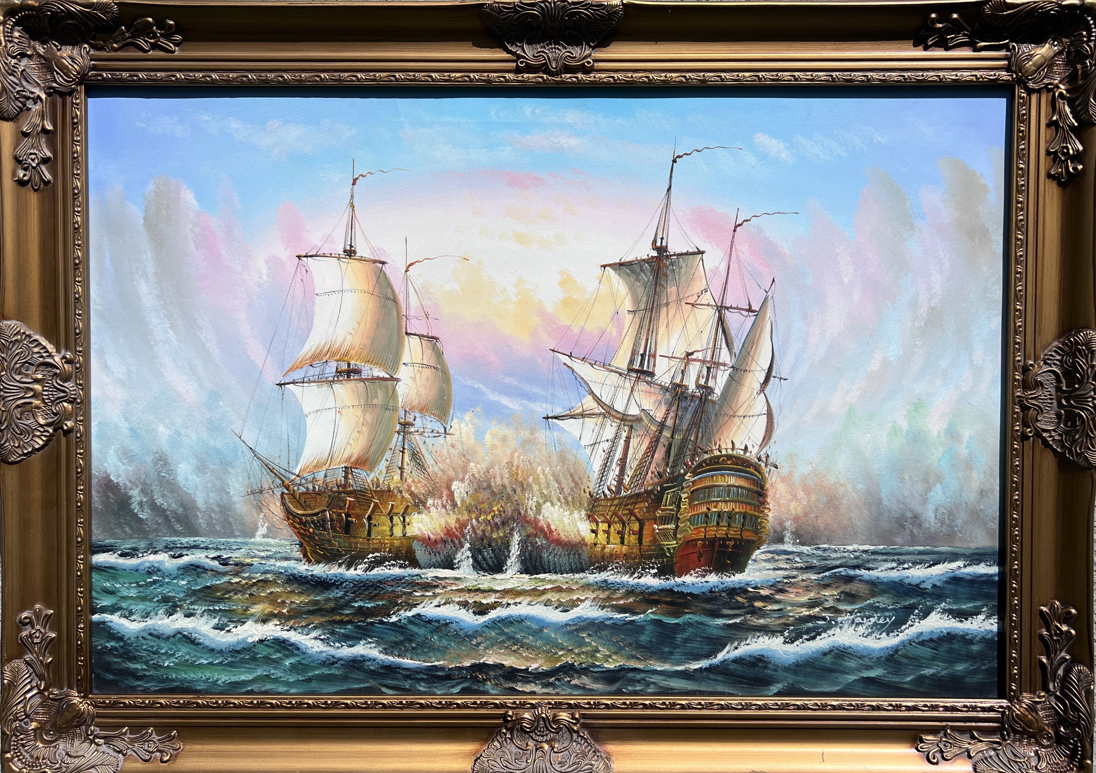 Original Maritime Oil Painting – Naval Battle Scene – Signed J