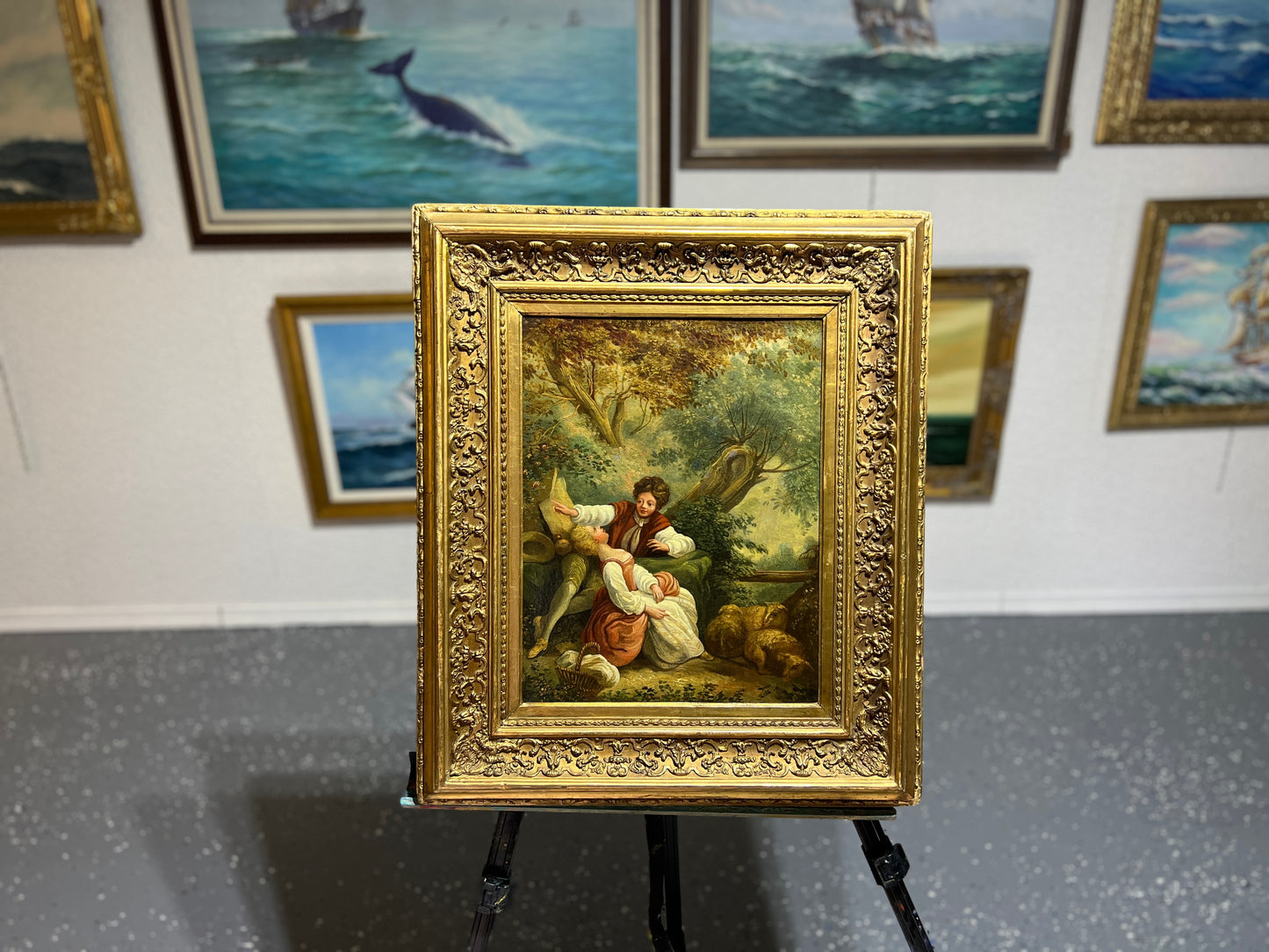 18/19-th Century French Antique Original Oil Painting on canvas, Rococo/Romantism, Framed