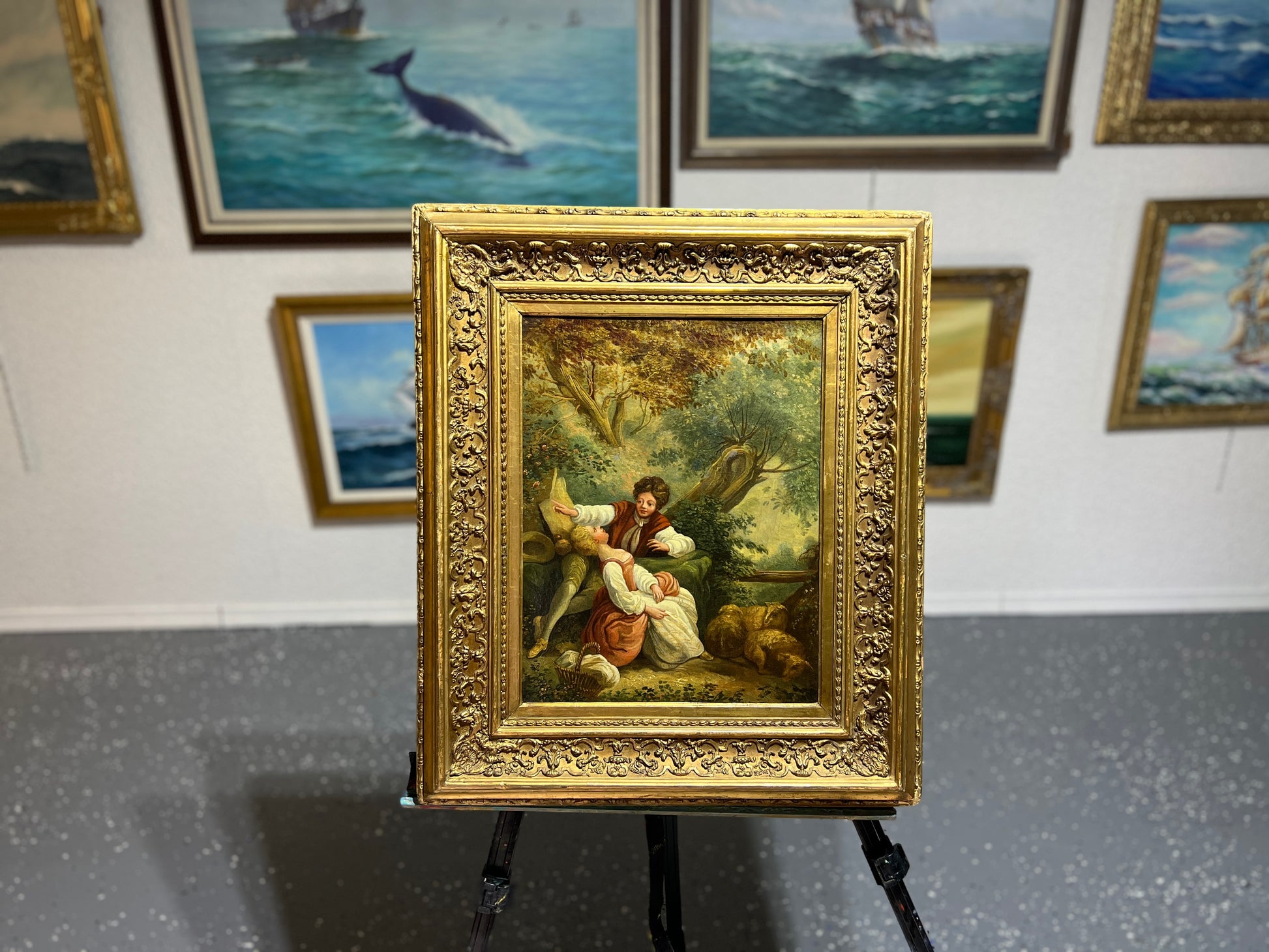18/19-th Century French Antique Original Oil Painting on canvas, Rococo/Romantism, Framed