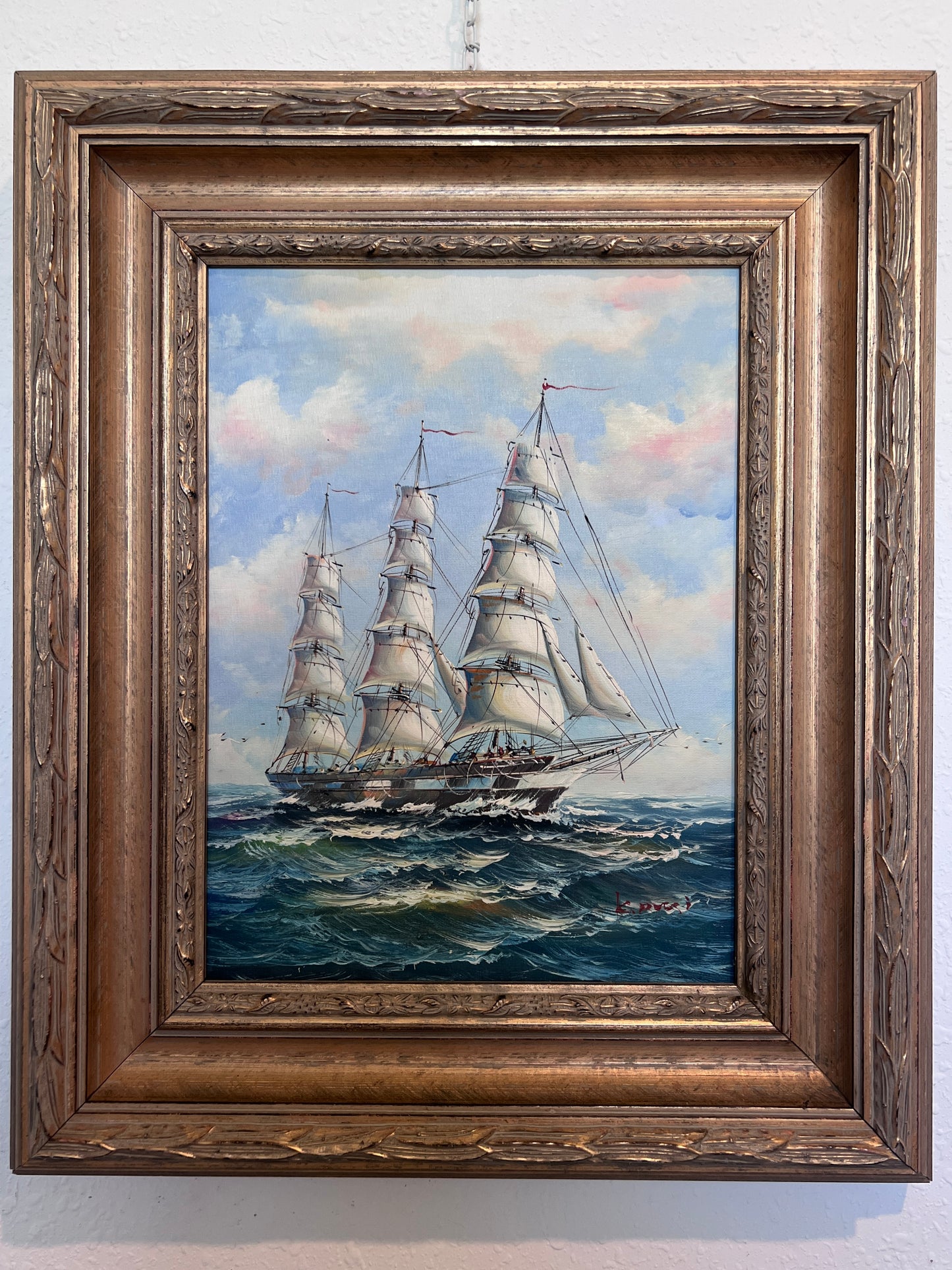 Framed Nautical Seascape Oil Painting by K. Dossi Maritime Ship Artwork