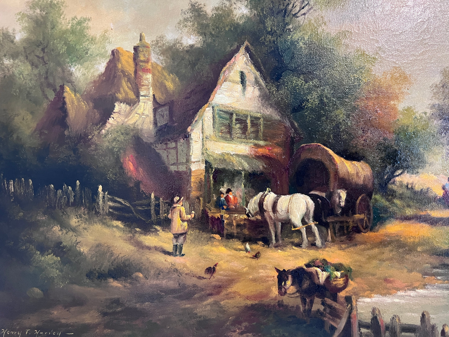 “At The Inn” by Henry T. Harvey – Vintage Oil Painting on Canvas, Framed