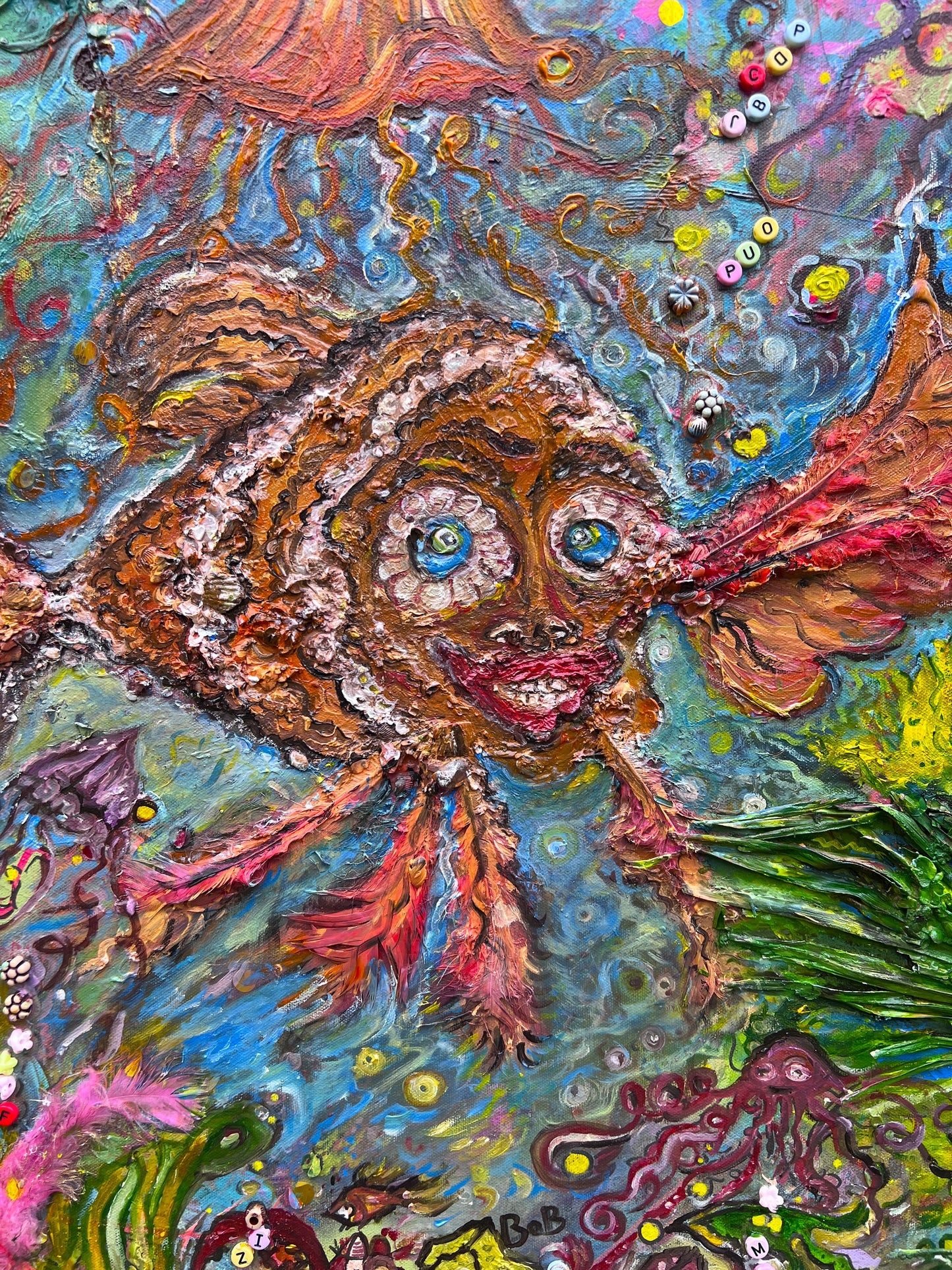 Large Textured Mixed Media Painting by Serg Graff – "Magic Fish" – COA Included