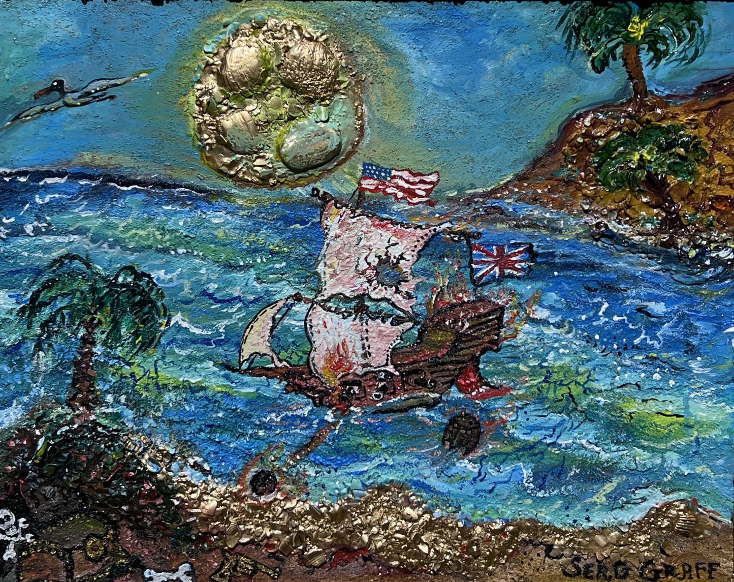 Acrylic painting on canvas by Serg Graff, Seascape, "Pirate Island" , COA