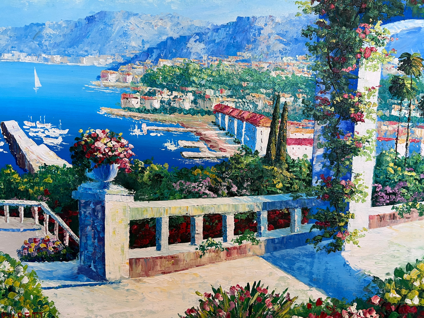 Italian Artist Burett Mediterranean Coastal Landscape painting, Gold Frame