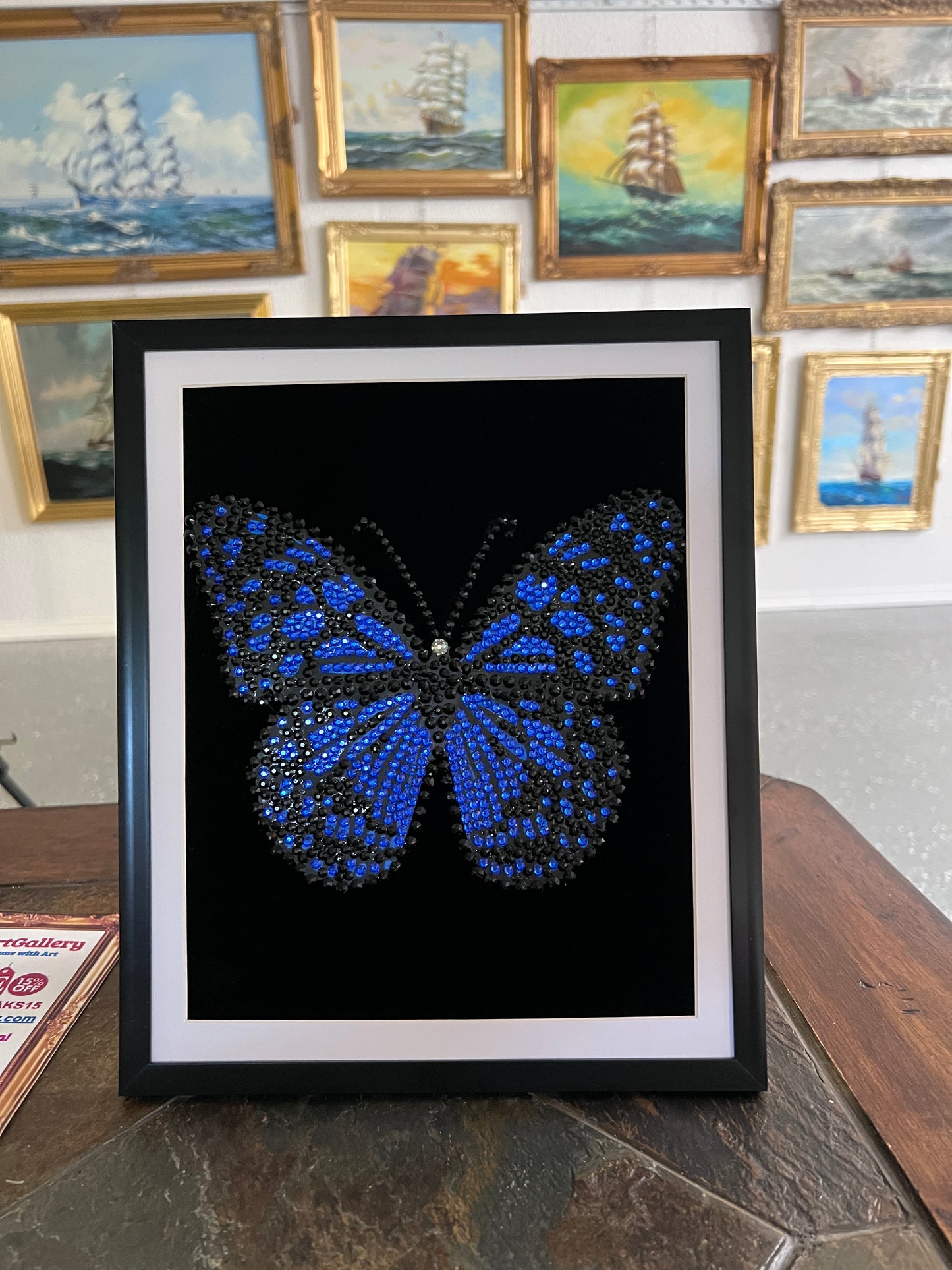 Handmade Sparkling Picture Crafted from Crystals, Rhinestones, Butterfly, COA