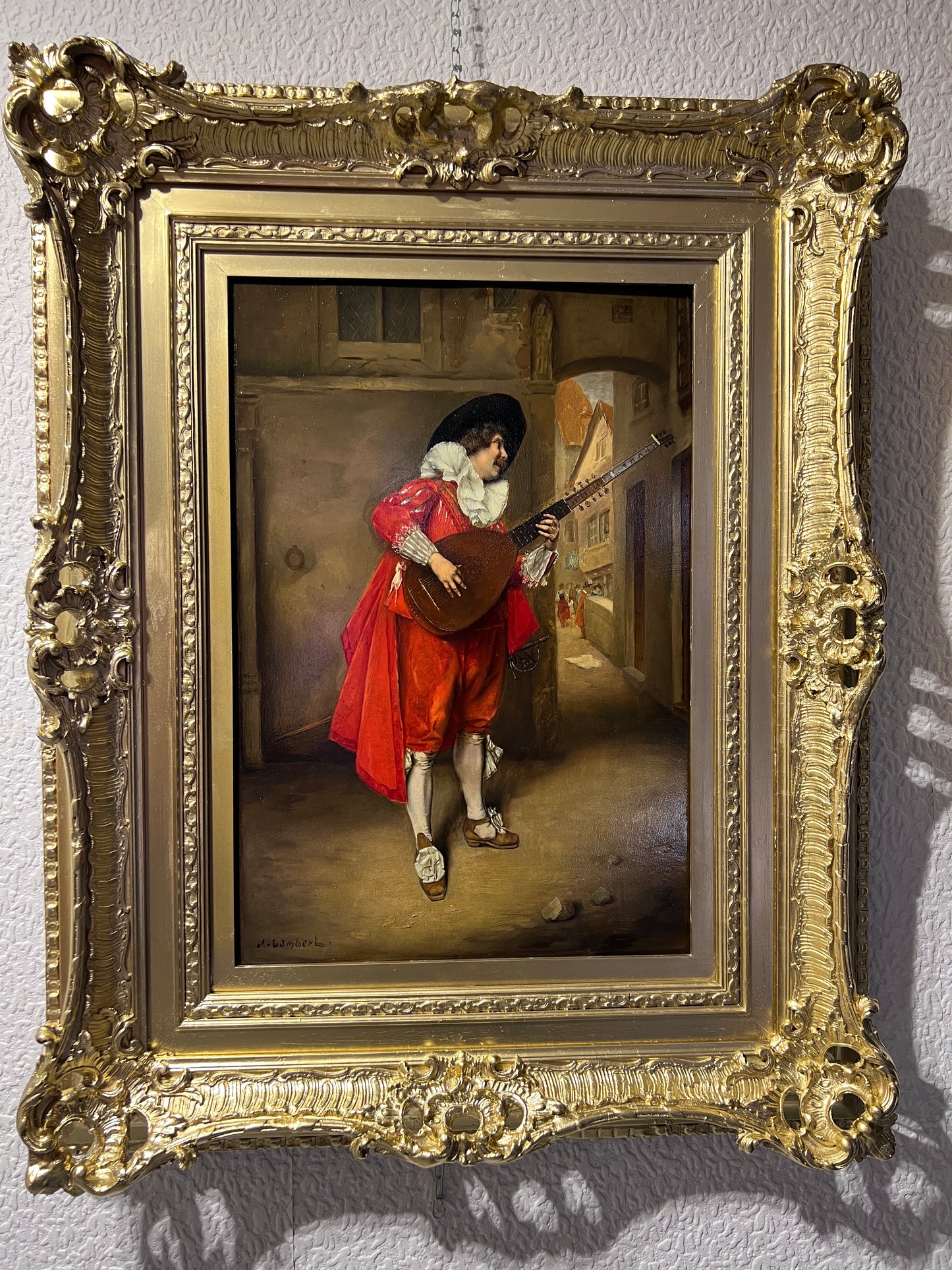 J.Lambert 19th c. Antique oil painting on wood Portrait, Genre scene, Gold Frame