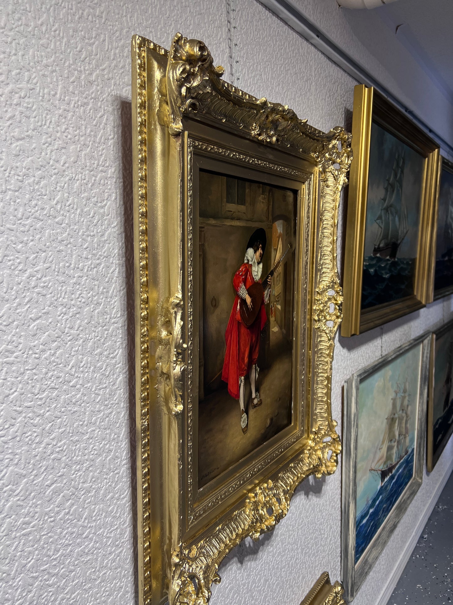 J.Lambert 19th c. Antique oil painting on wood Portrait, Genre scene, Gold Frame