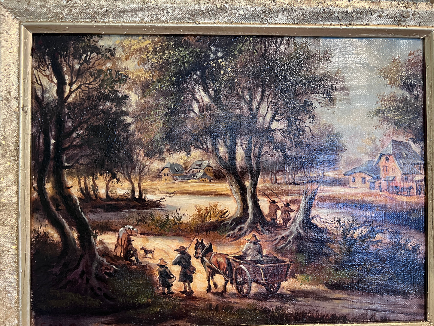Original Signed Oil Painting on Canvas, Landscape, Genre Scene, Framed