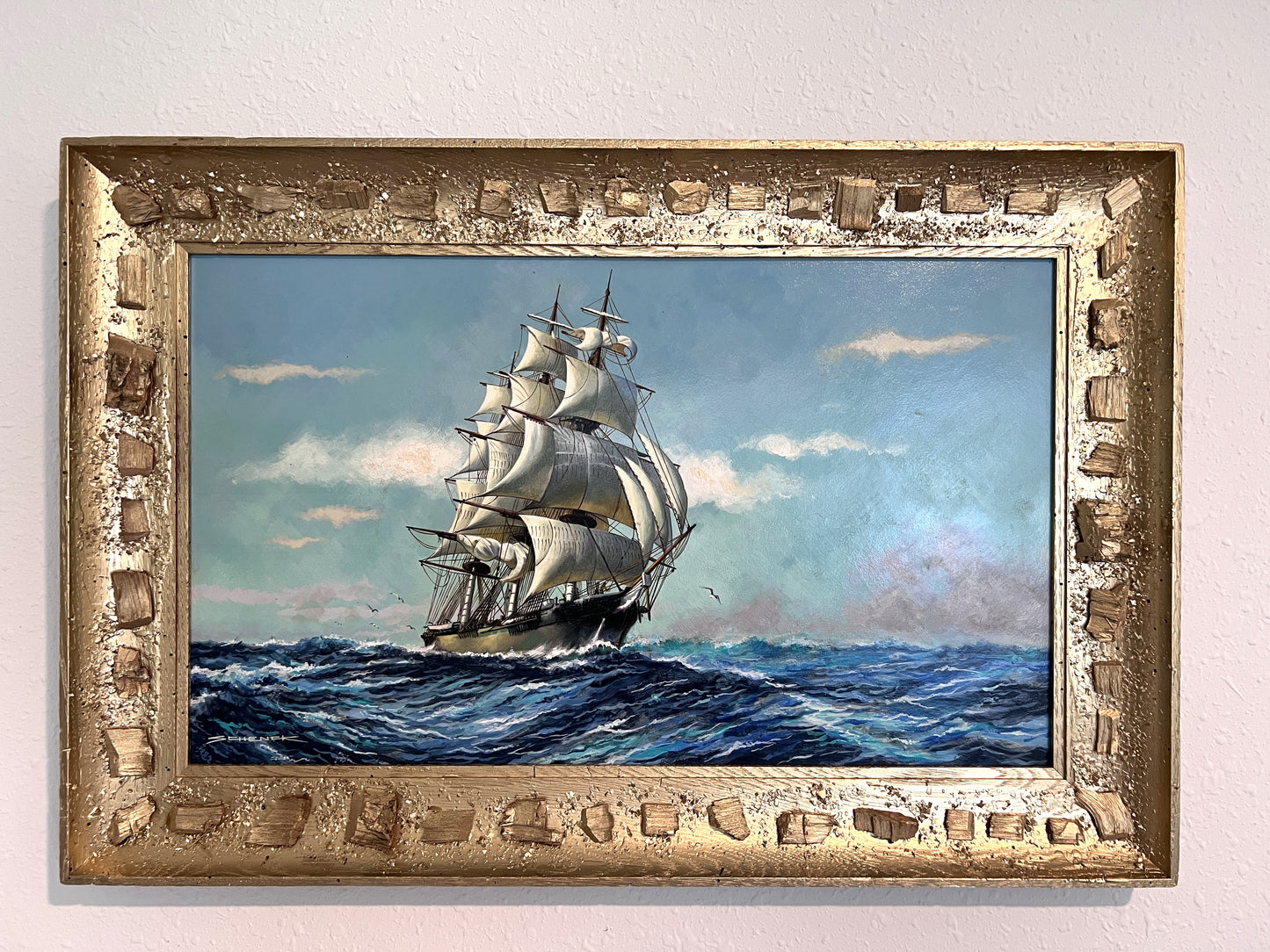 Vintage Original Oil Painting on Board, Seascape, Signed, Gold Frame