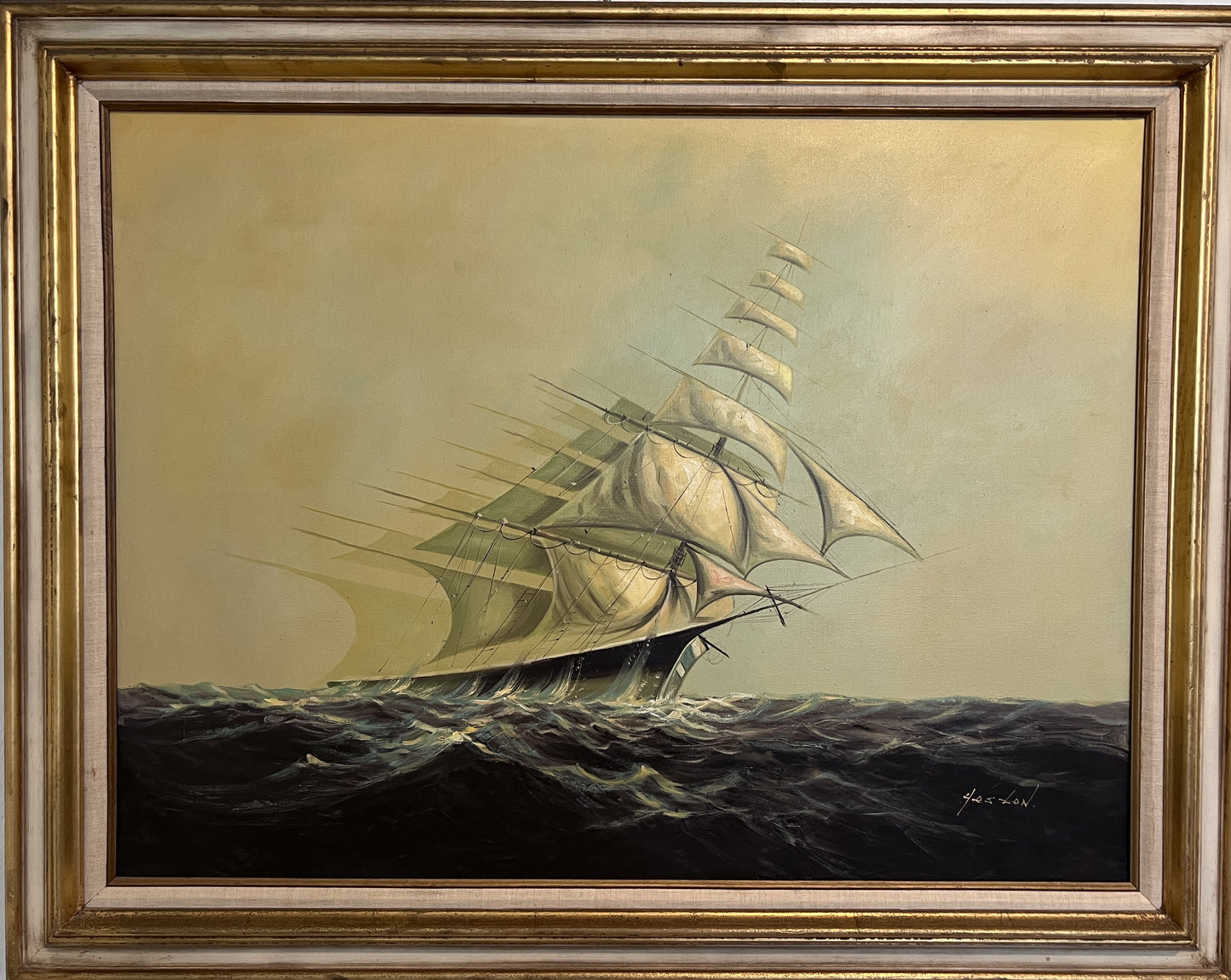 Heston Large Original oil painting on canvas, Seascape, Sailing Ship, Framed