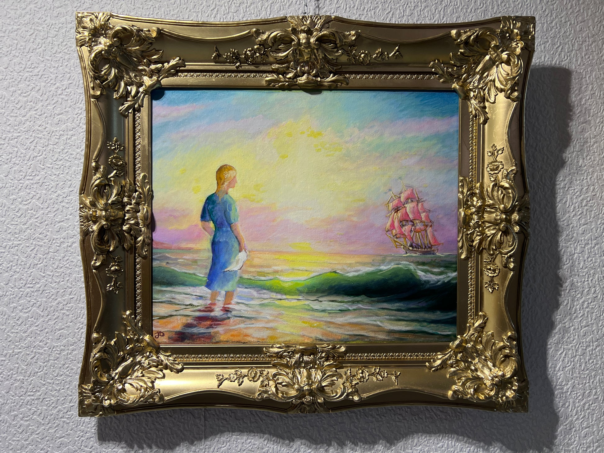 Artist Dobritsin Oil painting on canvas, seascape, "At Dawn" Gold Frame