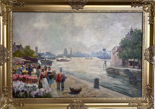 Oil painting on canvas, European Flower Market Scene, Signed R.Kardau, framed