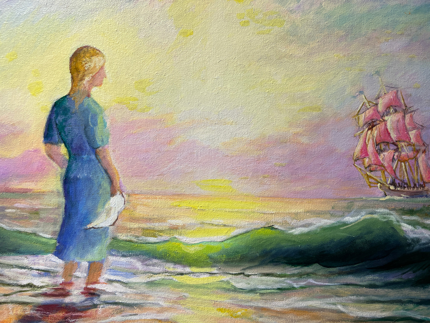 Artist Dobritsin Oil painting on canvas, seascape, "At Dawn" Gold Frame