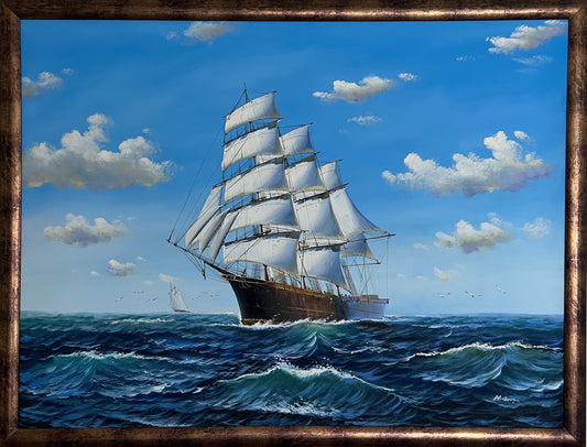Large Original Oil Painting on Canvas | Sailing Ship Seascape | Signed & Framed