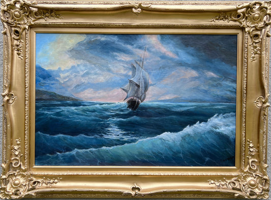 Viktor Ilyushkin Oil Painting Sailing Ship in Storm Seascape Ornate Gold Frame