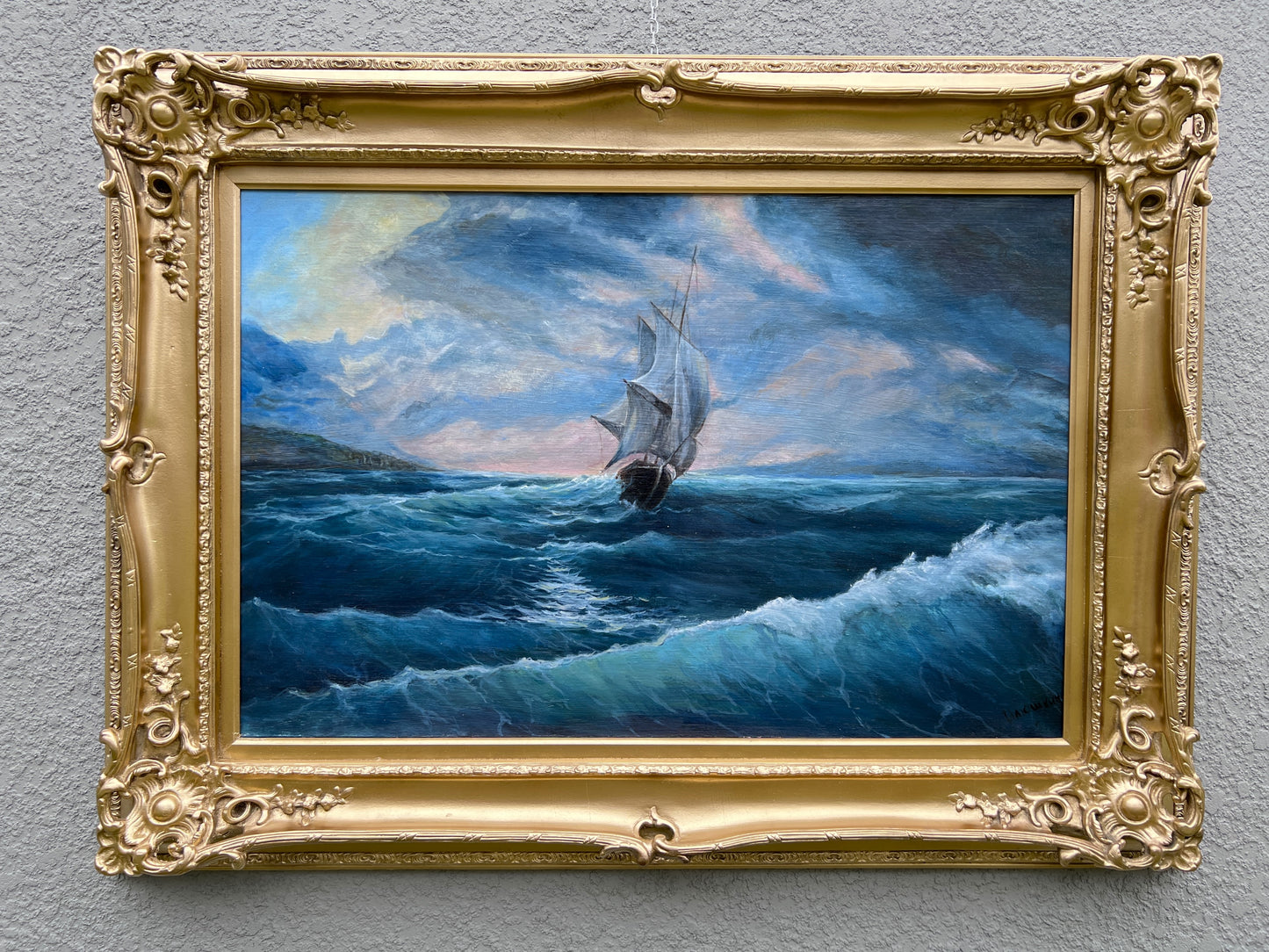 Viktor Ilyushkin Oil Painting Sailing Ship in Storm Seascape Ornate Gold Frame
