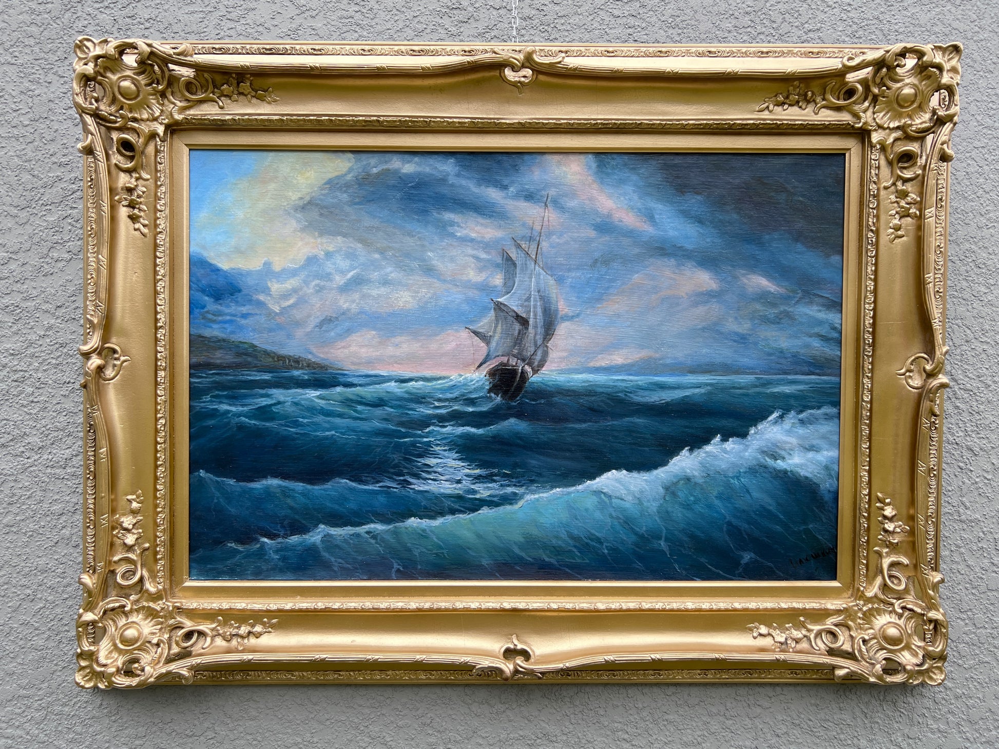 Viktor Ilyushkin Oil Painting Sailing Ship in Storm Seascape Ornate Gold Frame