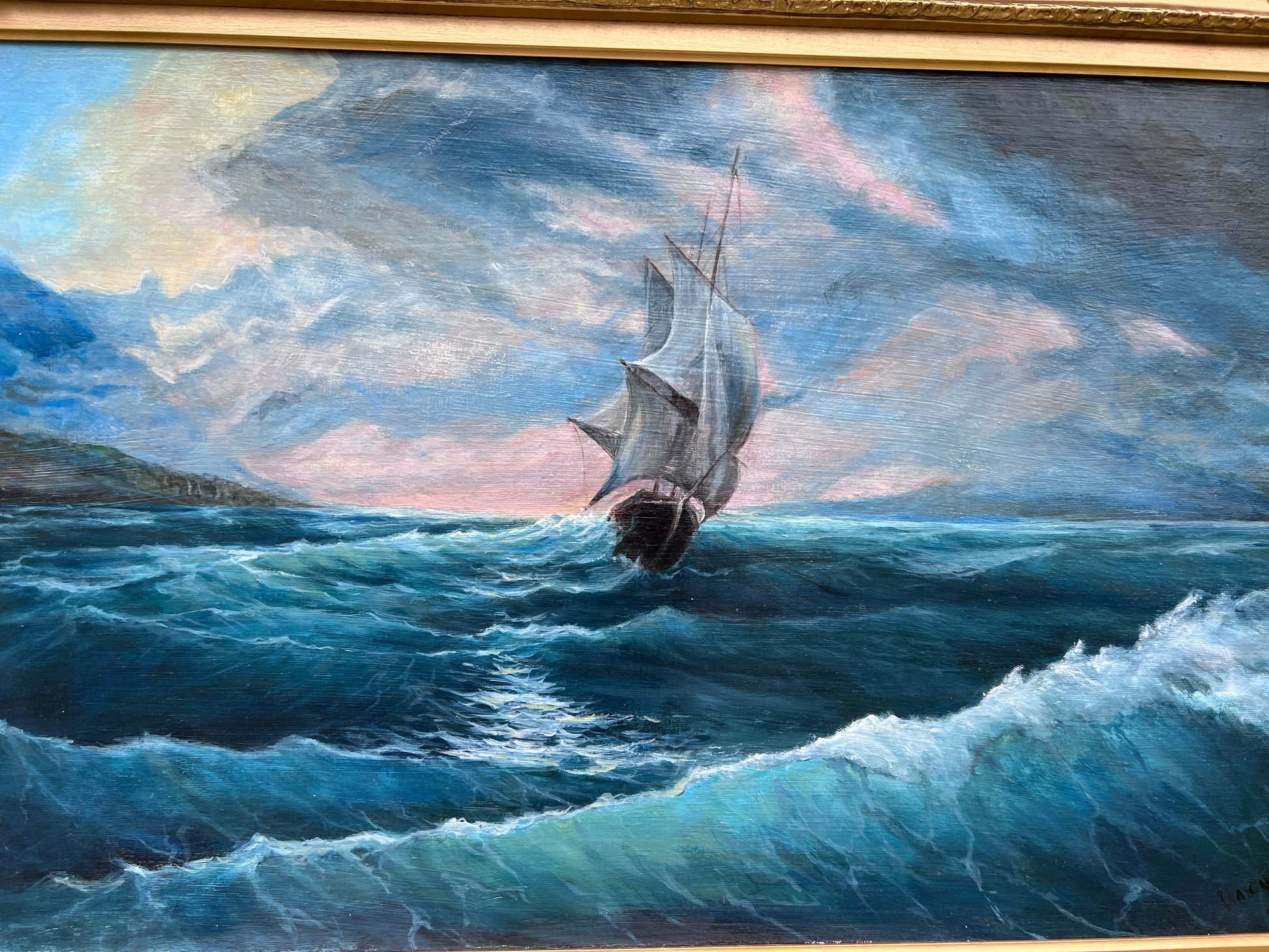 Viktor Ilyushkin Oil Painting Sailing Ship in Storm Seascape Ornate Gold Frame