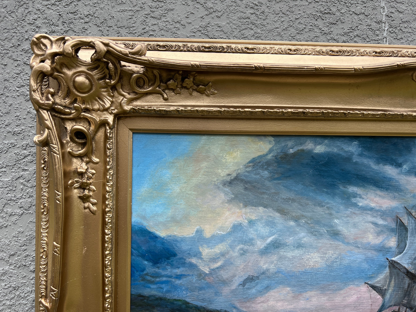 Russian Artist Signed Large Oil Painting Canvas Seascape w/ Ornate Gold Frame