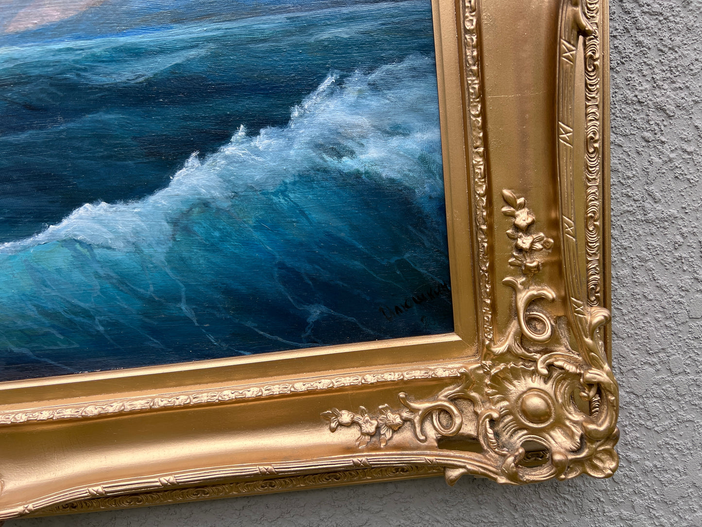 Russian Artist Signed Large Oil Painting Canvas Seascape w/ Ornate Gold Frame