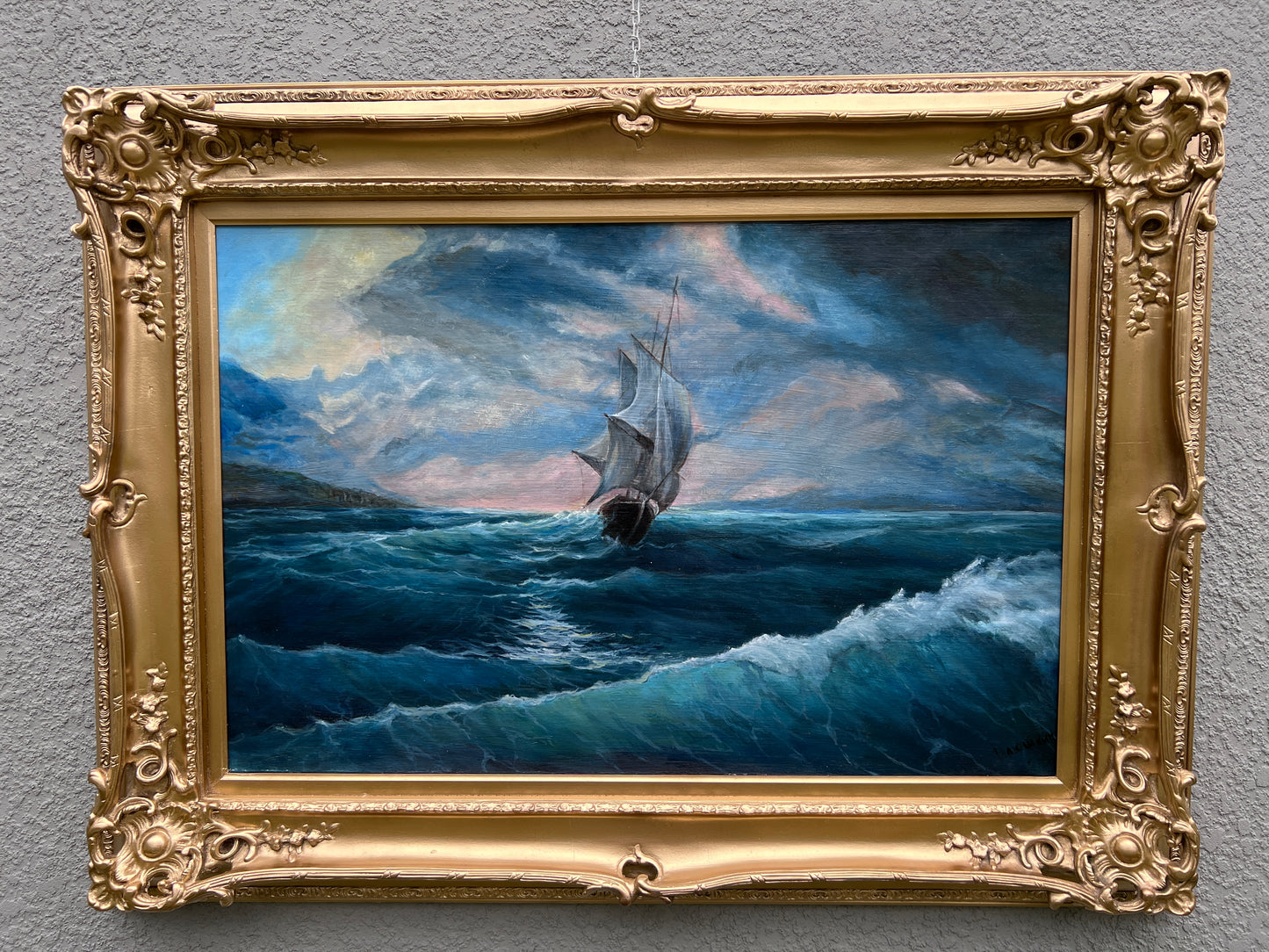 Russian Artist Signed Large Oil Painting Canvas Seascape w/ Ornate Gold Frame