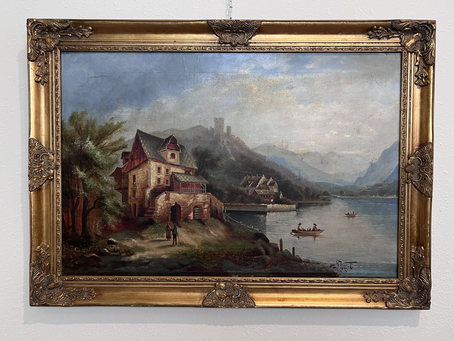 1902 M. Wierth Large original antique oil painting on canvas, Landscape, Framed