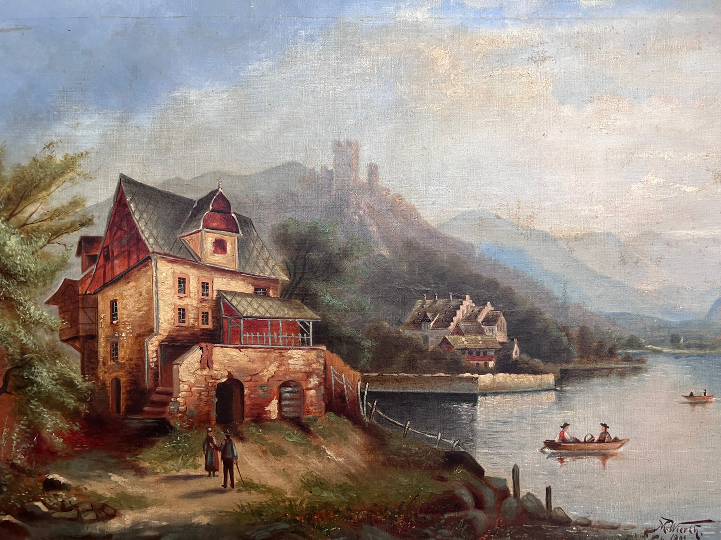 1902 M. Wierth Large original antique oil painting on canvas, Landscape, Framed