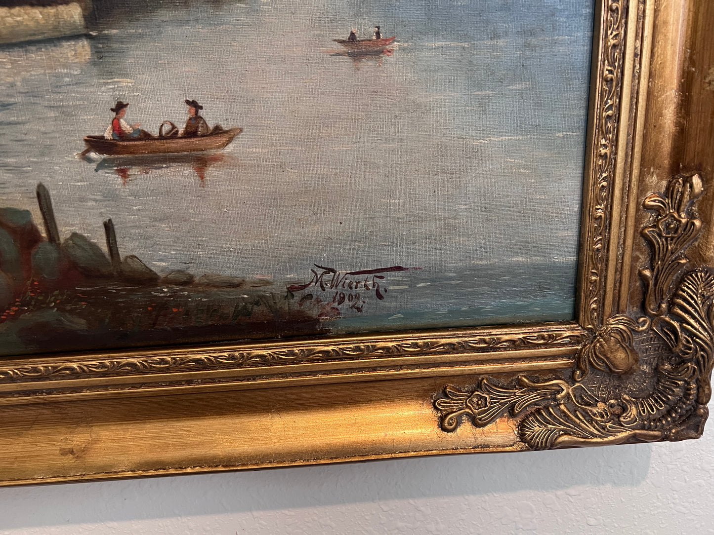 1902 M. Wierth Large original antique oil painting on canvas, Landscape, Framed