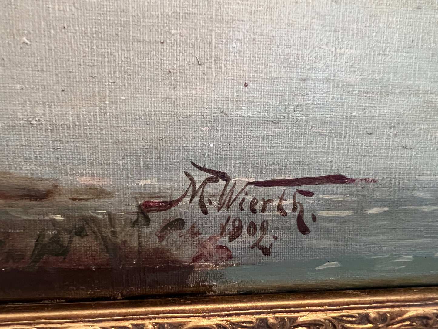1902 M. Wierth Large original antique oil painting on canvas, Landscape, Framed