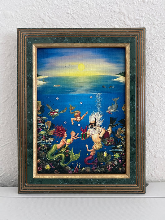 Elizabeth Shick Small Artwork on Canvas, Mermaid and Neptune, Framed
