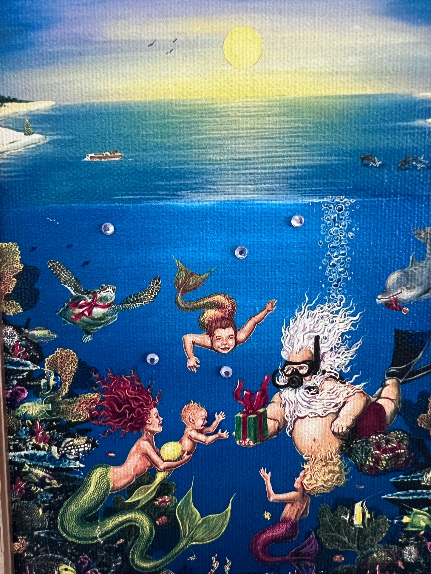 Elizabeth Shick Small Artwork on Canvas, Mermaid and Neptune, Framed