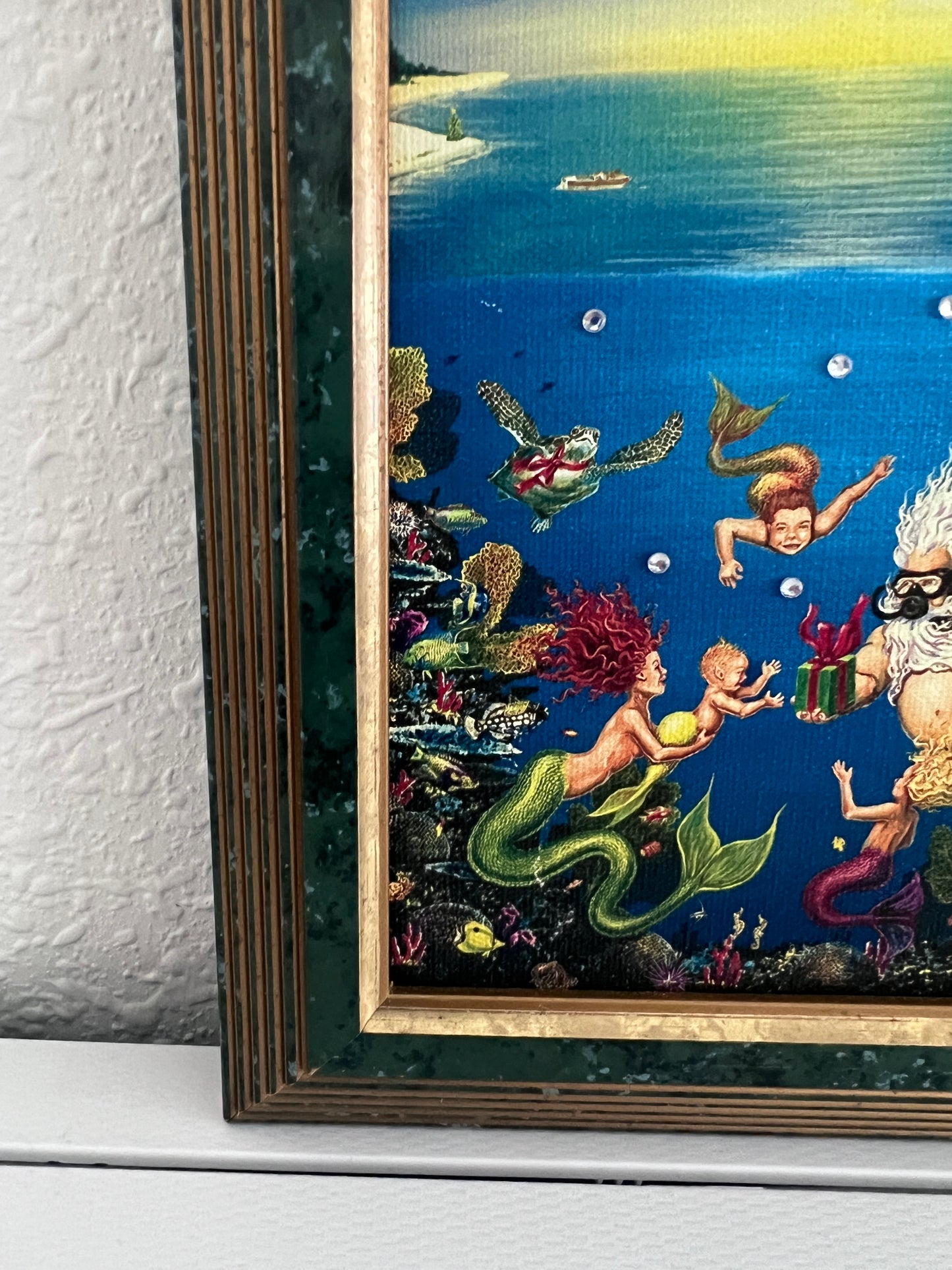 Elizabeth Shick Small Artwork on Canvas, Mermaid and Neptune, Framed
