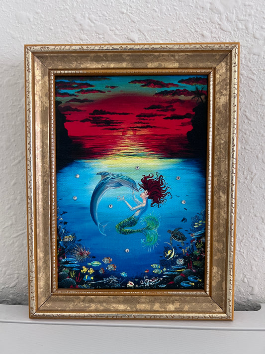 Elizabeth Shick Small Artwork on Canvas, Mermaid and Dolphin, Framed