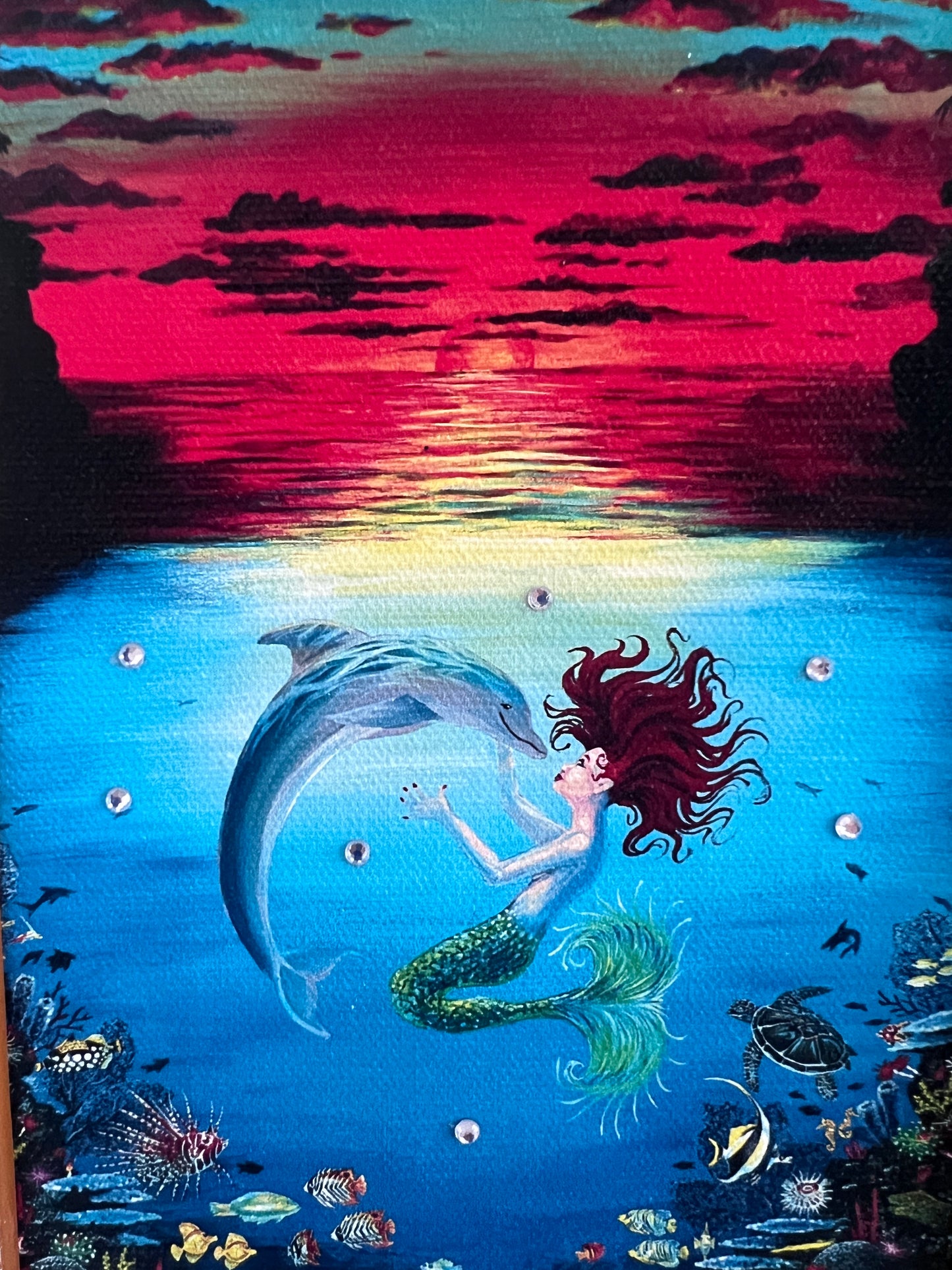 Elizabeth Shick Small Artwork on Canvas, Mermaid and Dolphin, Framed