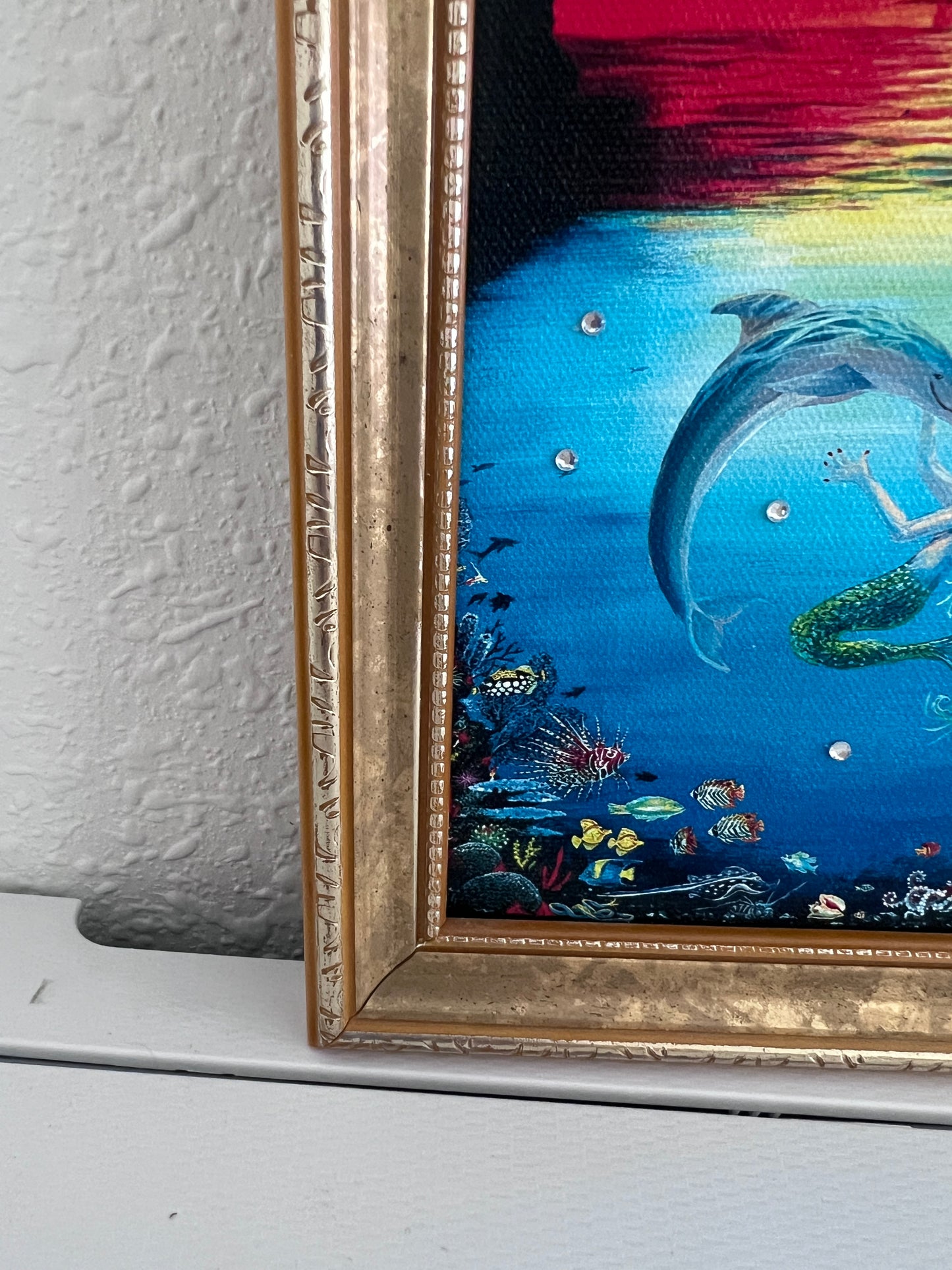 Elizabeth Shick Small Artwork on Canvas, Mermaid and Dolphin, Framed