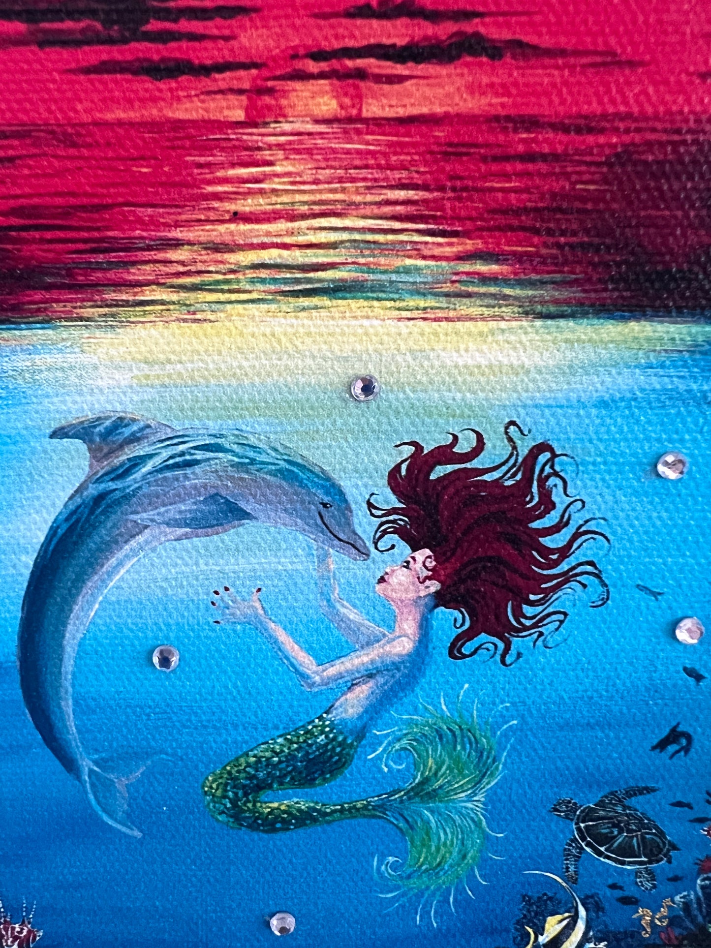 Elizabeth Shick Small Artwork on Canvas, Mermaid and Dolphin, Framed