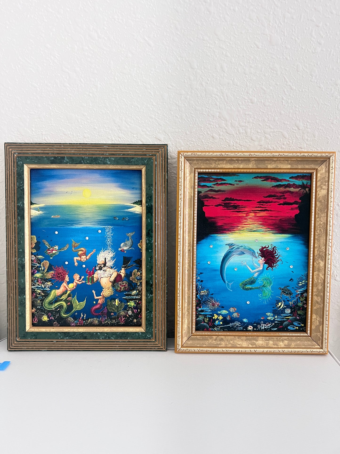 Elizabeth Shick Small Artwork on Canvas, Mermaid and Dolphin, Framed