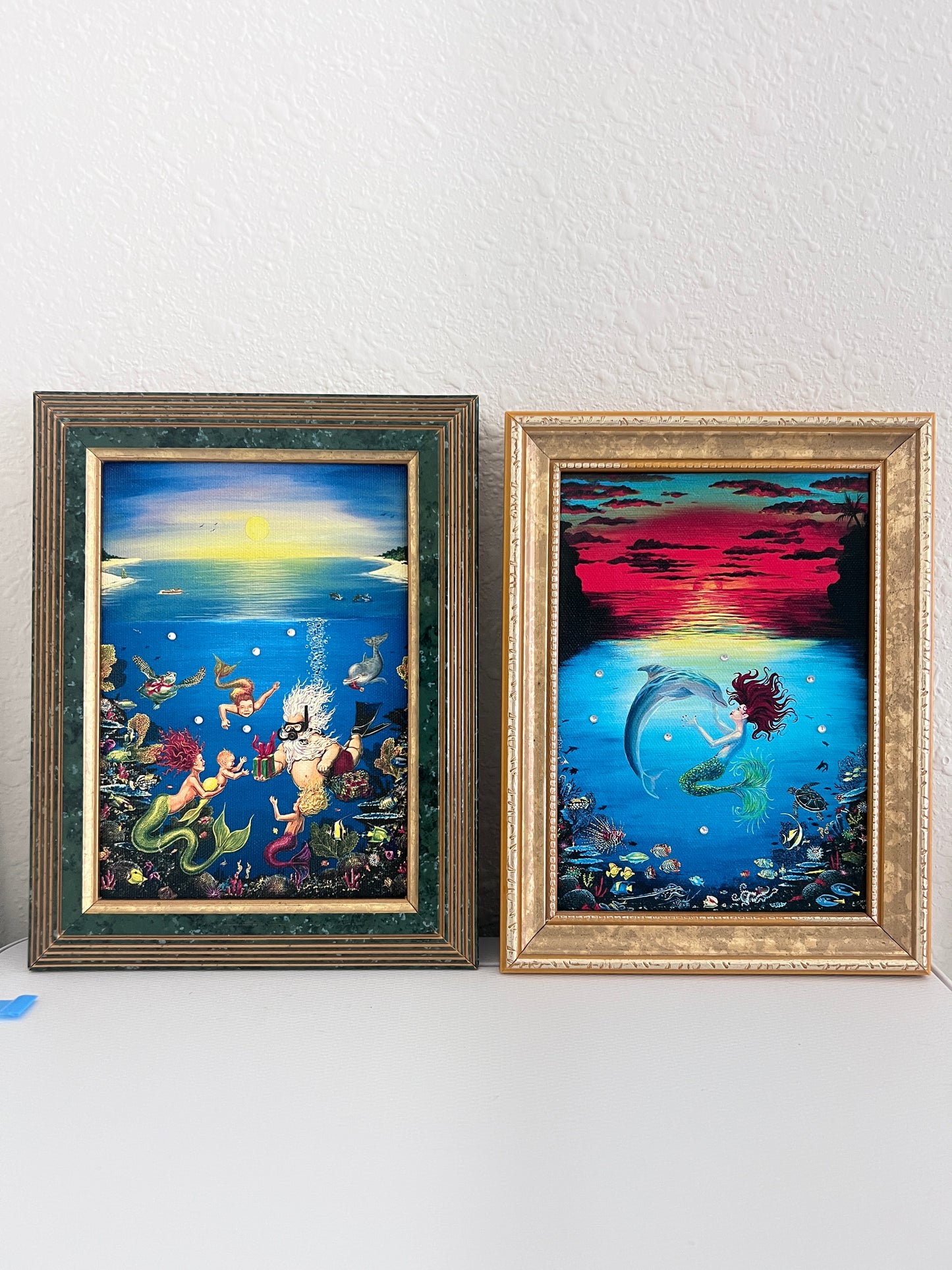 Elizabeth Shick Small Artwork on Canvas, Mermaid and Neptune, Framed