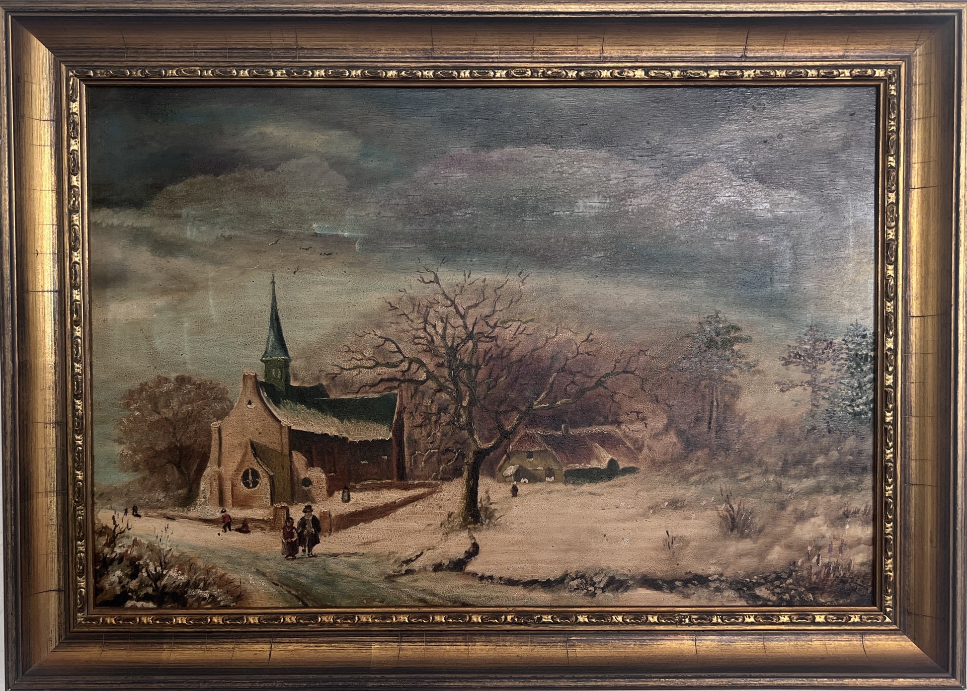 Antique Dutch Style Signed Oil Painting on Board – Winter Landscape Genre Scene