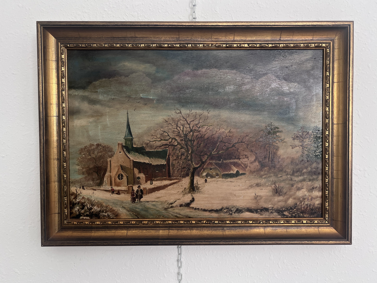 Antique Dutch Style Signed Oil Painting on Board – Winter Landscape Genre Scene