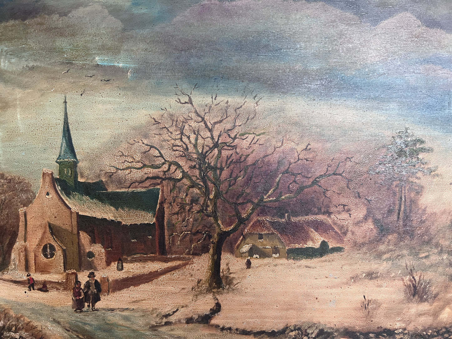 Antique Dutch Style Signed Oil Painting on Board – Winter Landscape Genre Scene